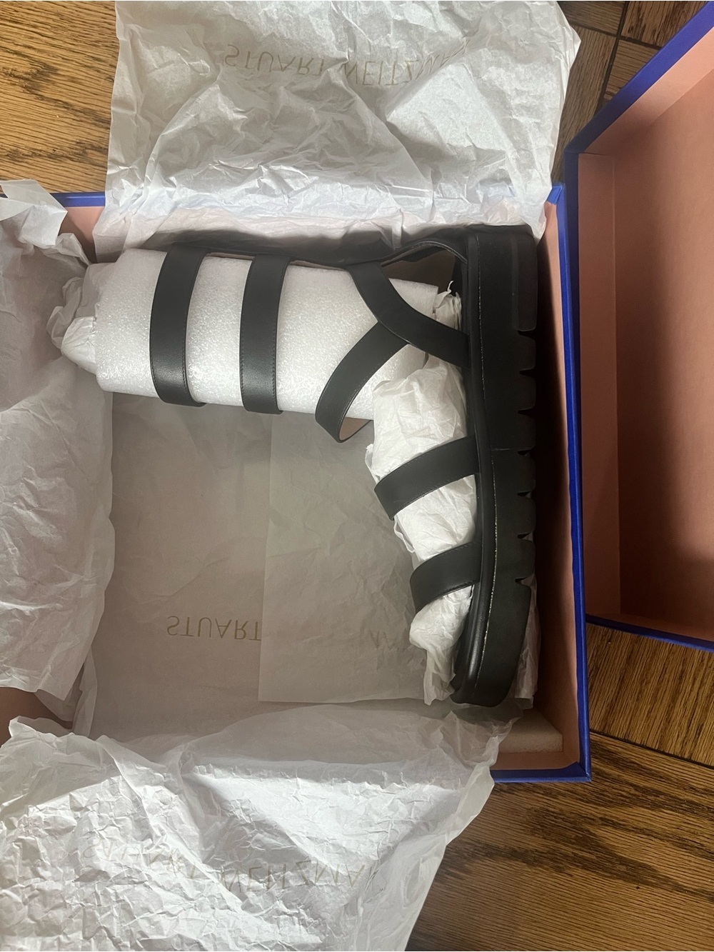 Stuart Weitzman Gala Lift Tall Black Leather Gladiator Sandal Size 9.5 - Picture 12 of 14